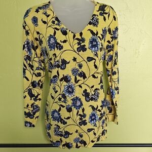 Talbots Yellow Long-Sleeve V-Neck Sweater with Blue Floral Print